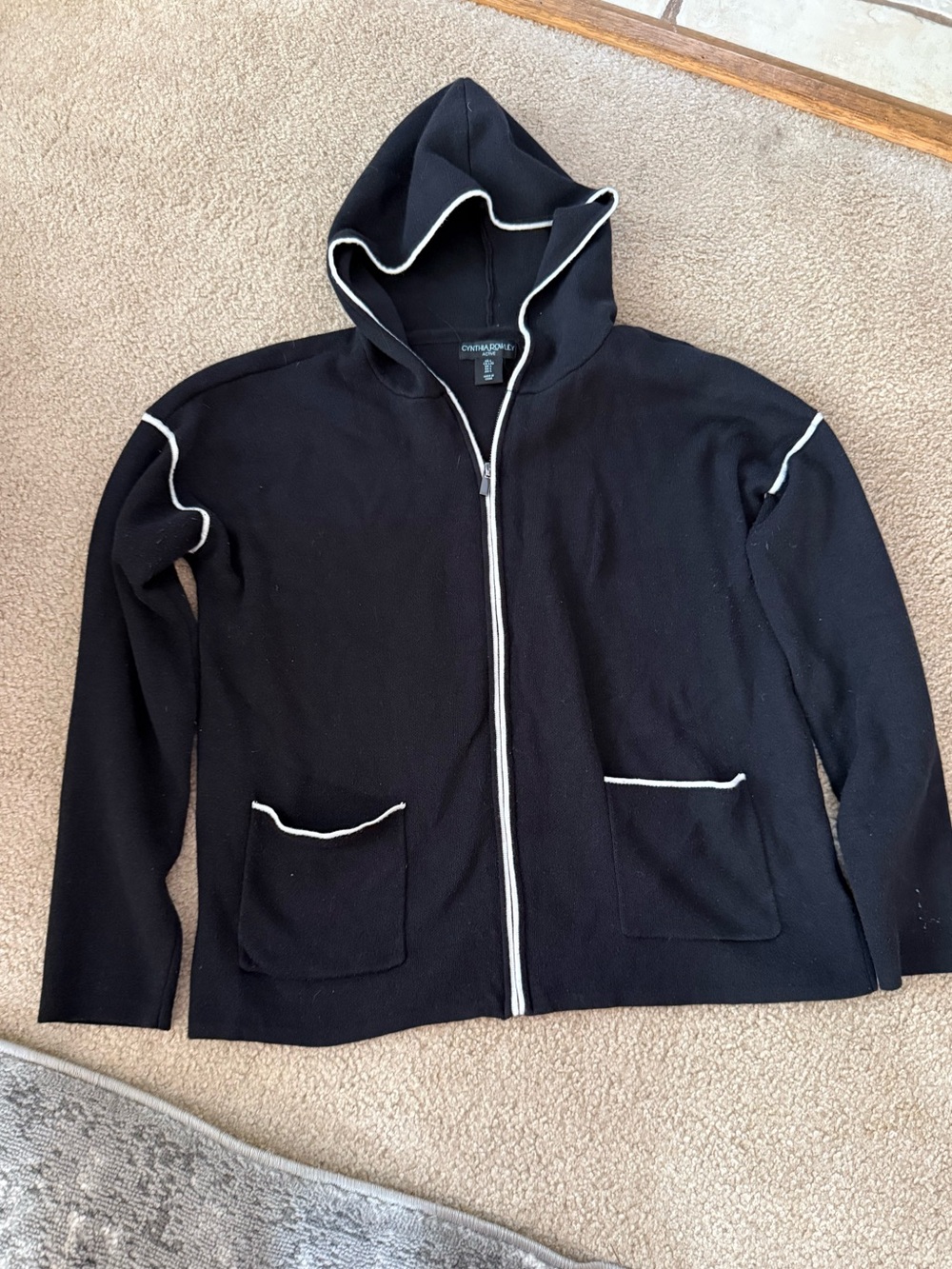 Cynthia Rowley black zip up hoodie with white piping. Size L